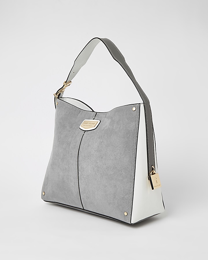 Grey suedette padlock side slouch handbag