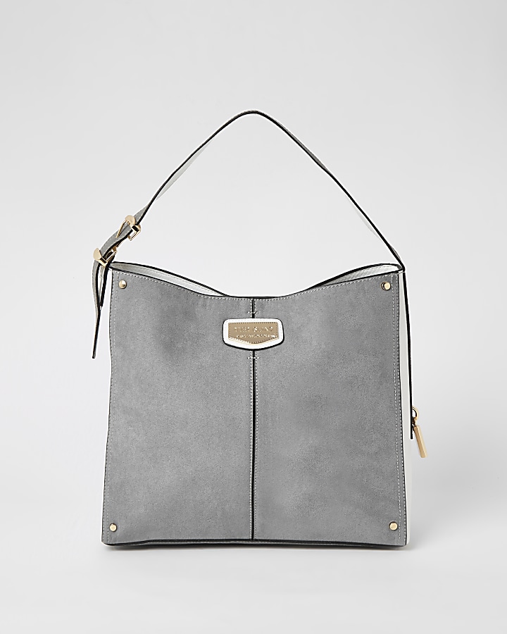Grey suedette padlock side slouch handbag