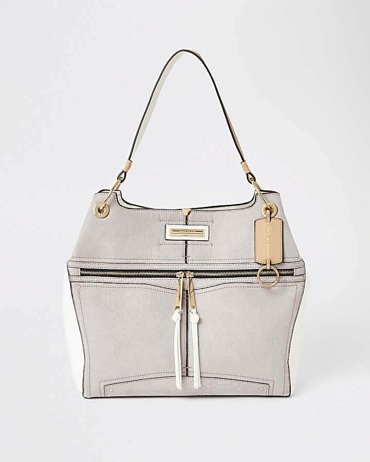 Grey zip front utility slouch Handbag