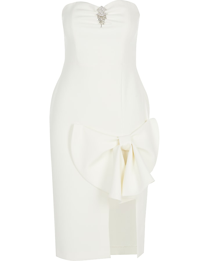 White bow front embellished bandeau dress