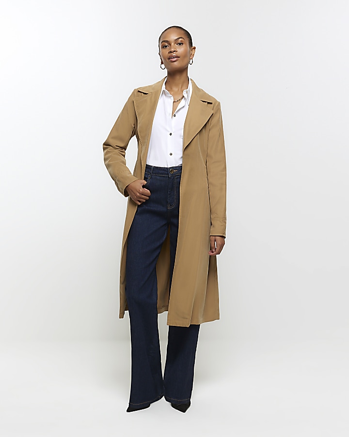 Beige belted longline trench coat