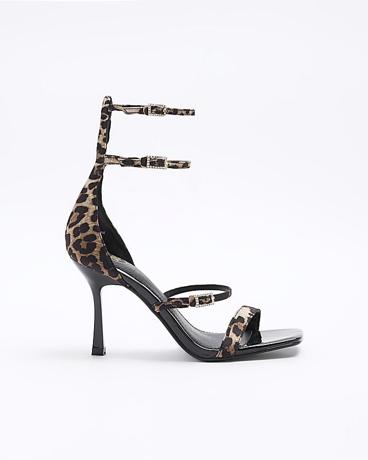 Brown leopard print strappy heeled sandals