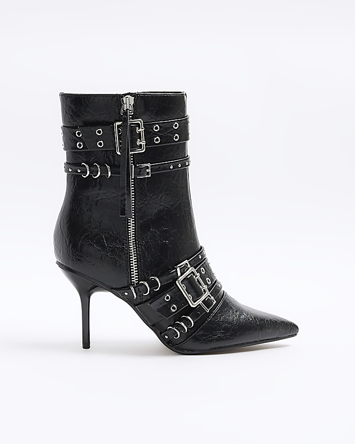 Black buckle heeled ankle boots