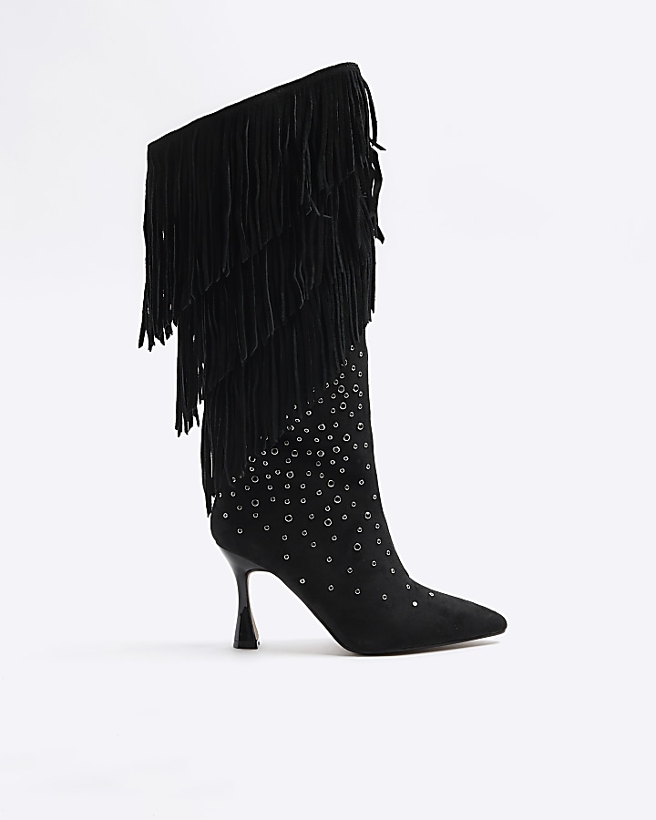 Black suede studded high leg boots
