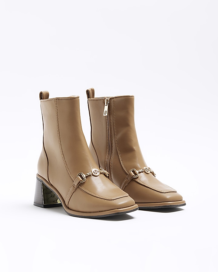 Brown chain block heel ankle boots
