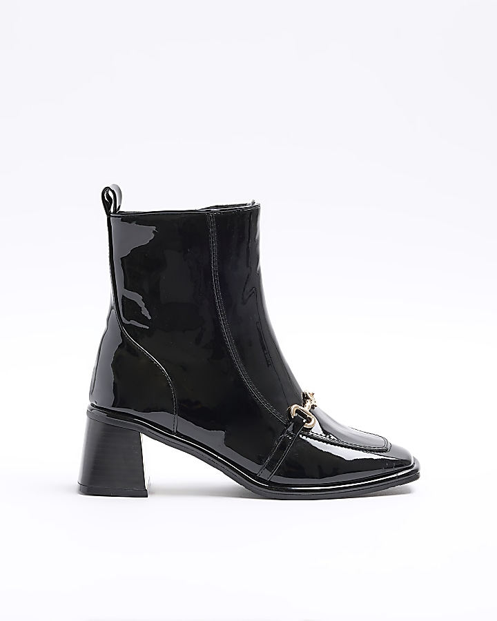 Black chain block heel ankle boots