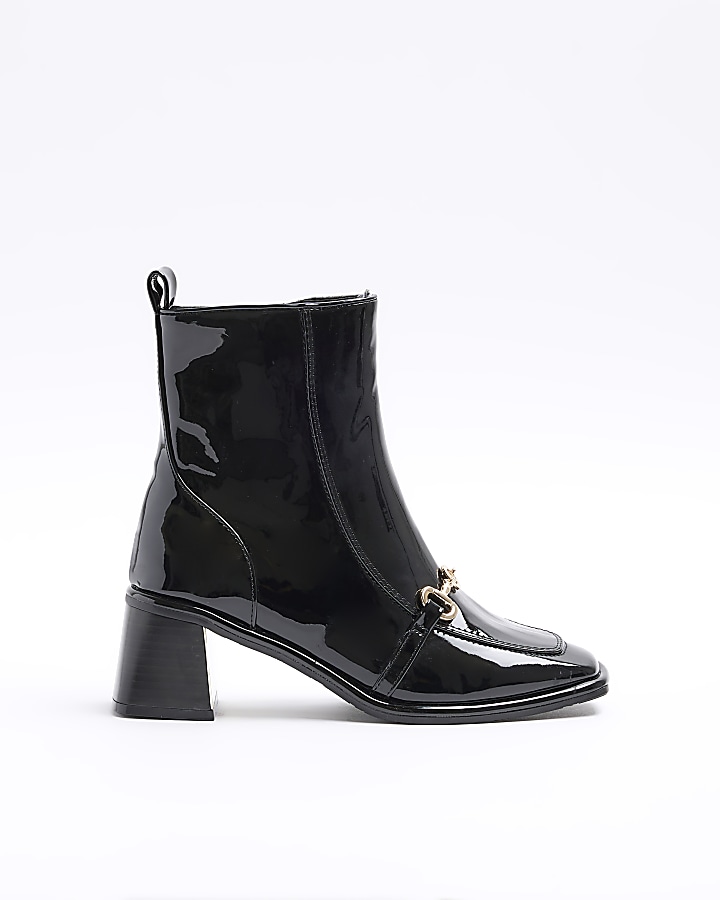 Black ring pull zip front patent hot sale ankle boot