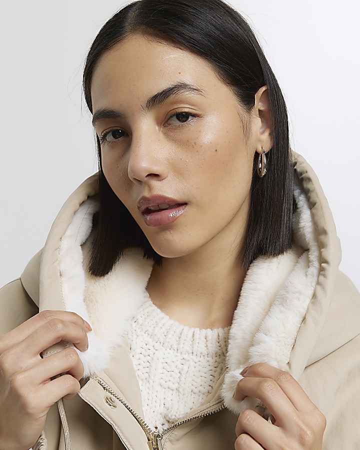 Cream faux fur lining parka coat River Island