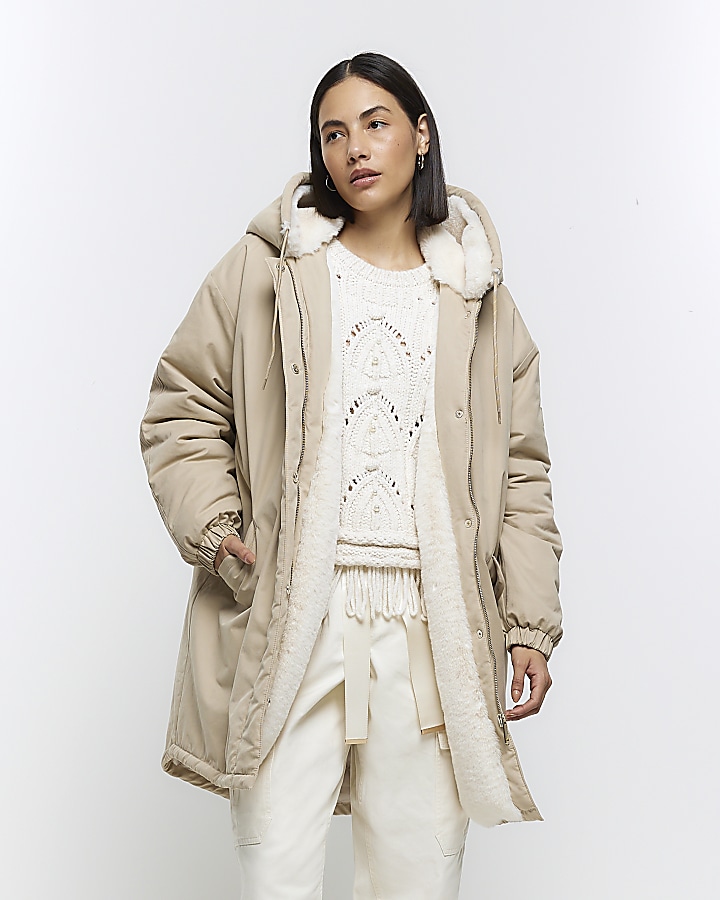 Cream faux fur lining parka coat