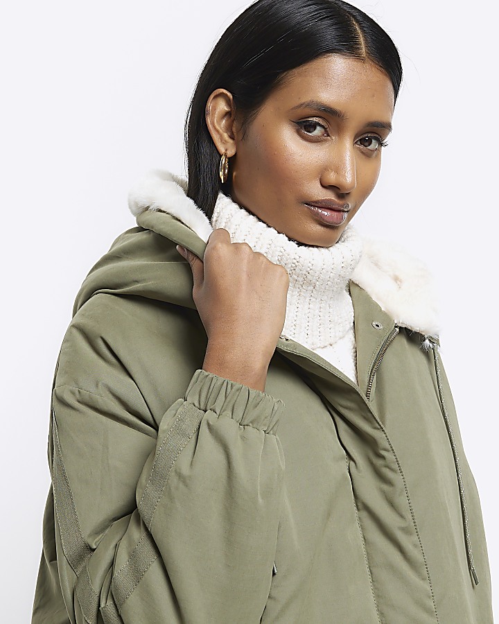 Khaki faux fur lining parka coat River Island