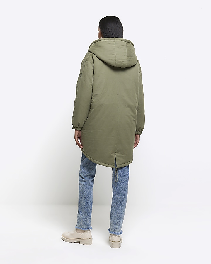 Khaki faux fur lining parka coat River Island