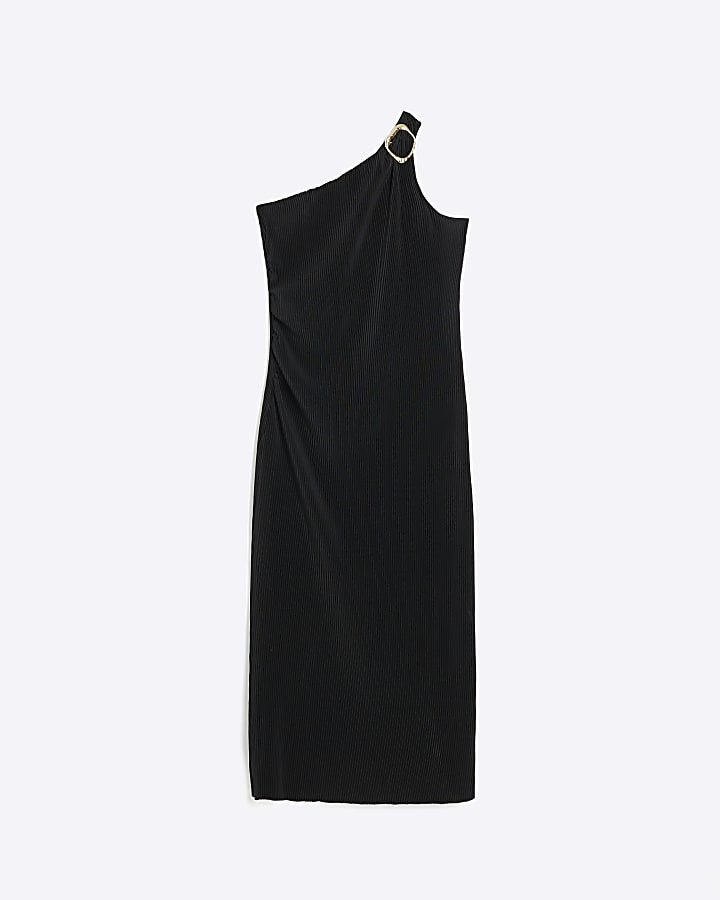 Black plisse one shoulder bodycon midi dress