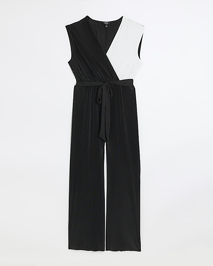 Black plisse belted wrap jumpsuit