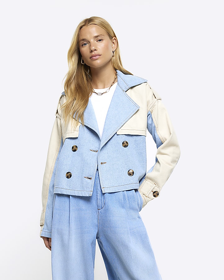 Blue denim crop trench jacket River Island