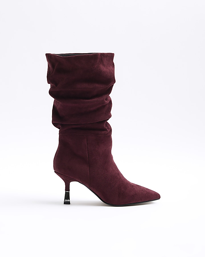 Red slouched high leg heeled boots