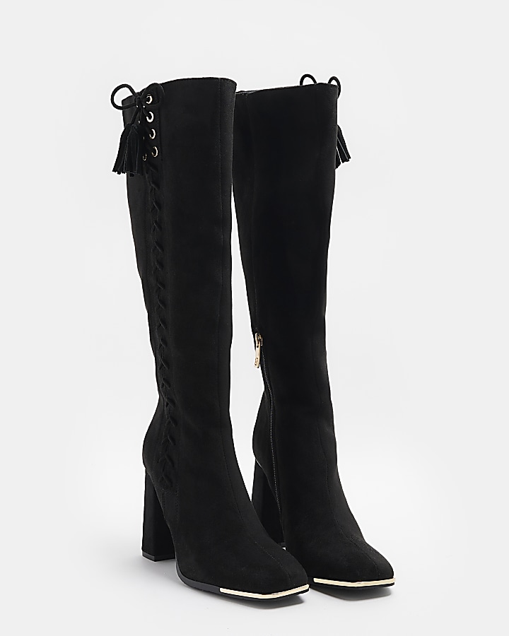 Black tie side heeled high boots