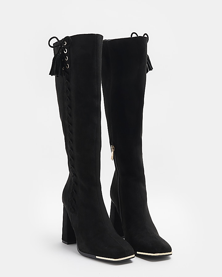 Black tie side heeled high boots River Island