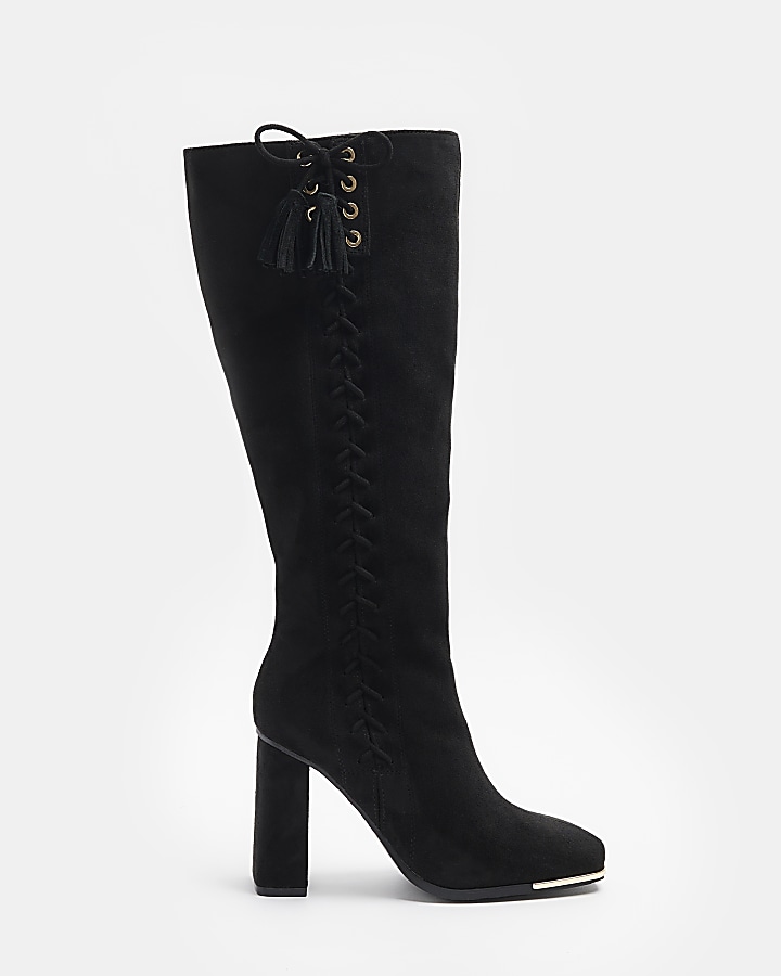 Black tie side heeled high boots