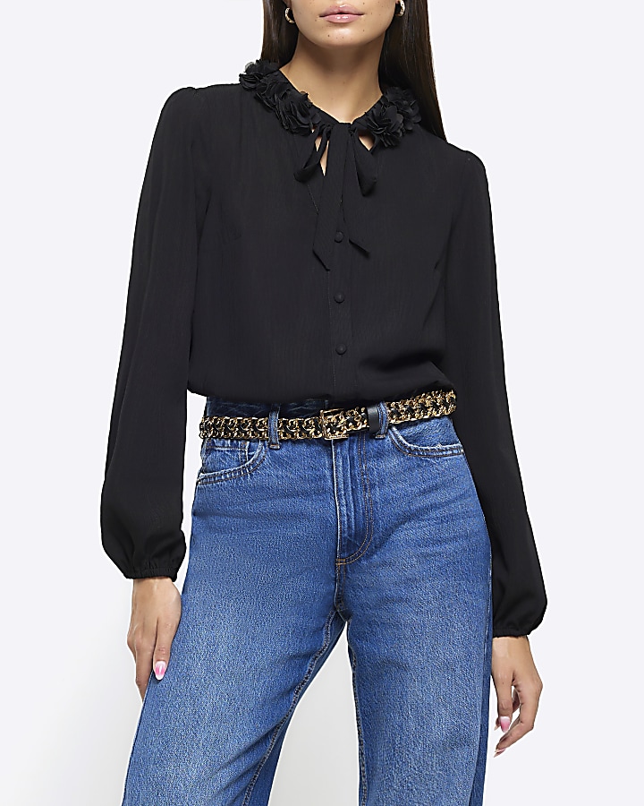 Black chiffon corsage blouse