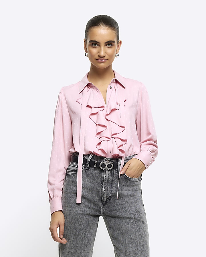 Pink frill tie neck shirt | River Island