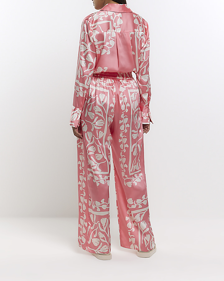 Coral print wide leg trousers