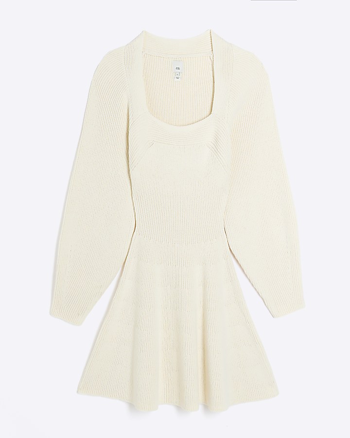 Cream square neck jumper mini dress