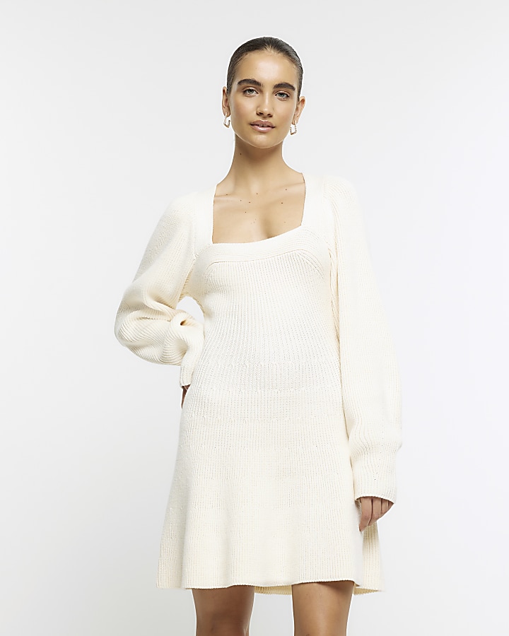 Cream square neck jumper mini dress | River Island