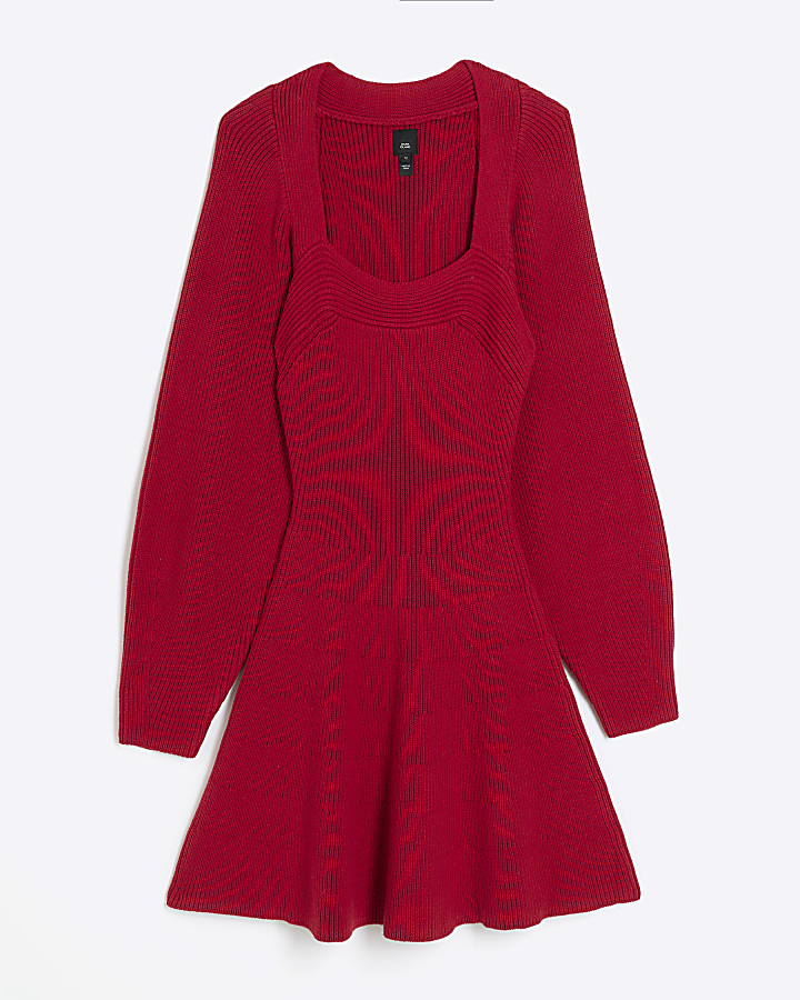 Red square neck jumper mini dress