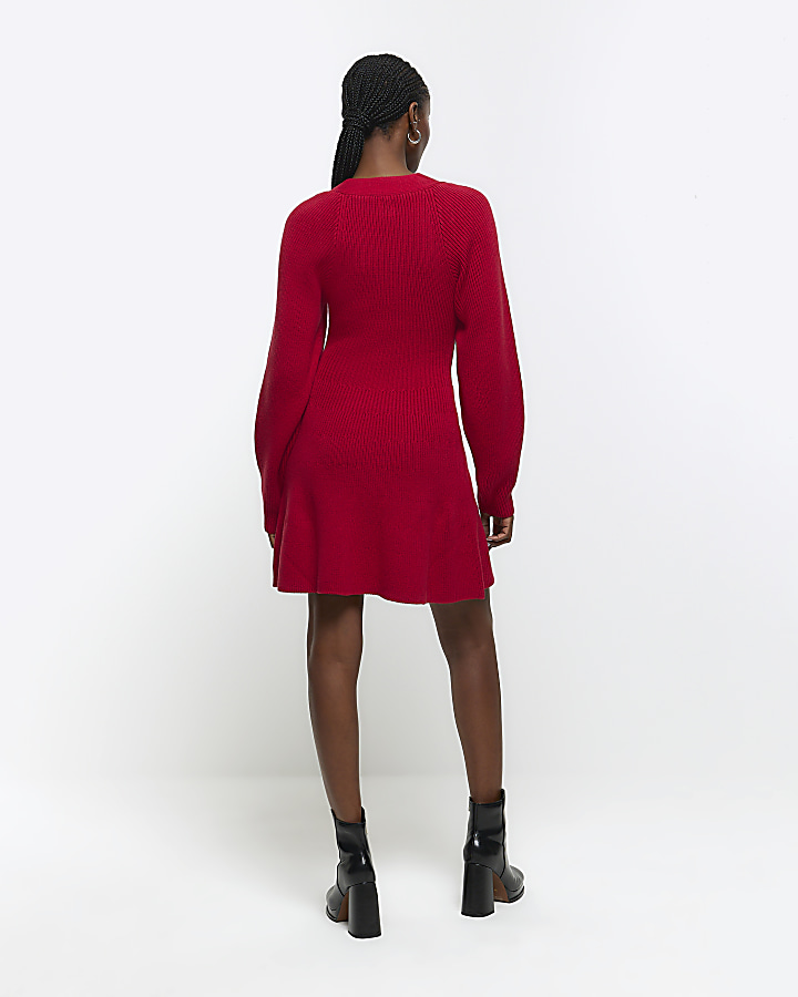 Red square neck jumper mini dress