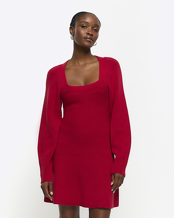 Red square neck jumper mini dress | River Island