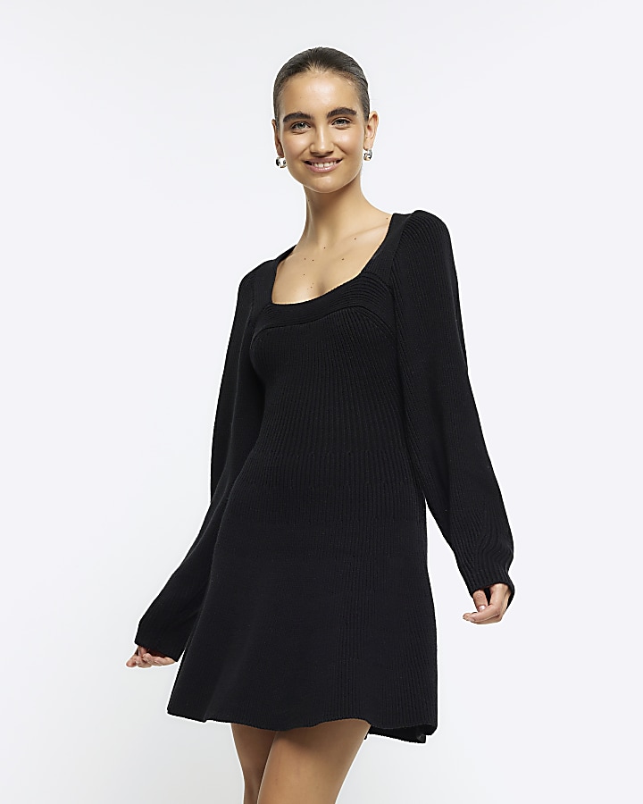 Black square neck jumper mini dress