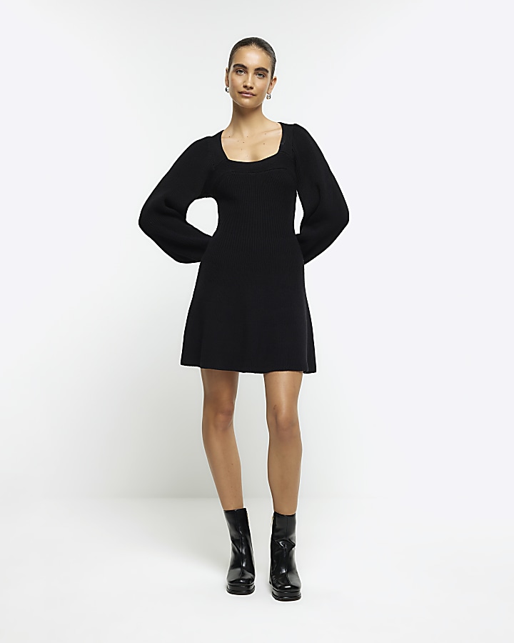 Black square neck jumper mini dress | River Island