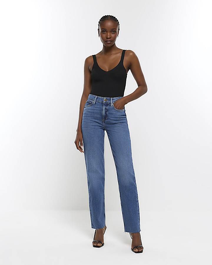 Blue high waisted stove pipe straight jeans