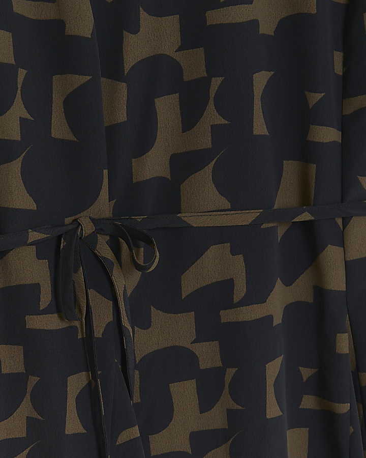 Khaki geometric tie waist smock mini dress