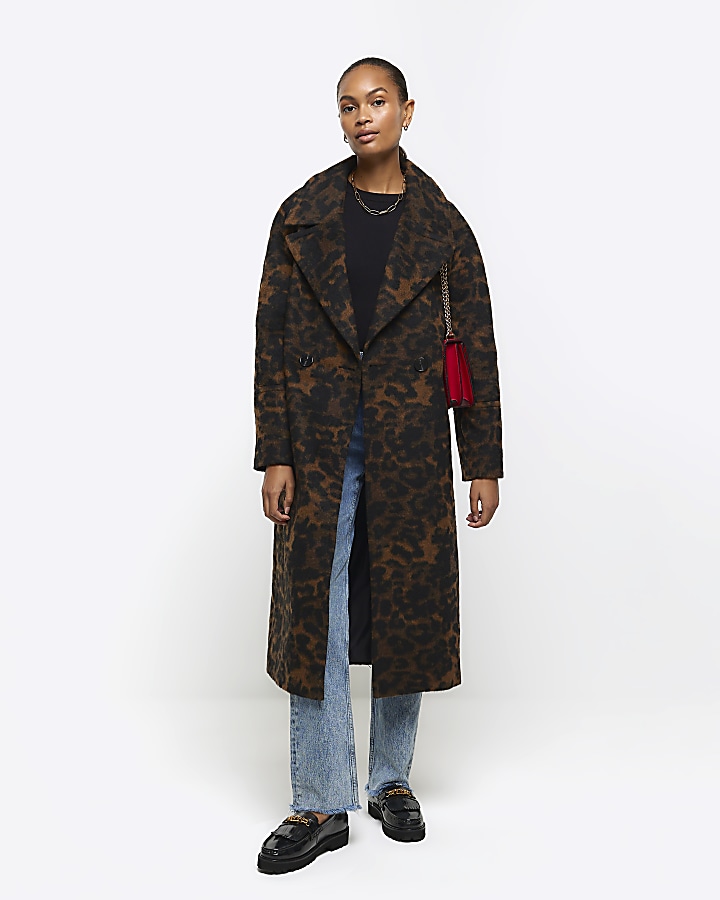 Brown animal print oversized coat River Island