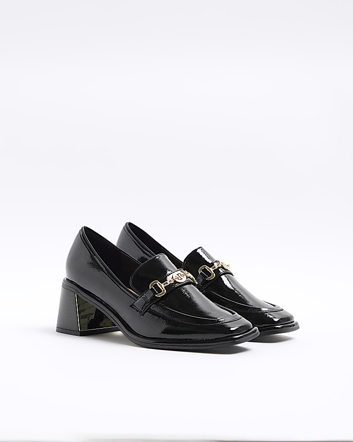 Black patent heeled loafers | River Island