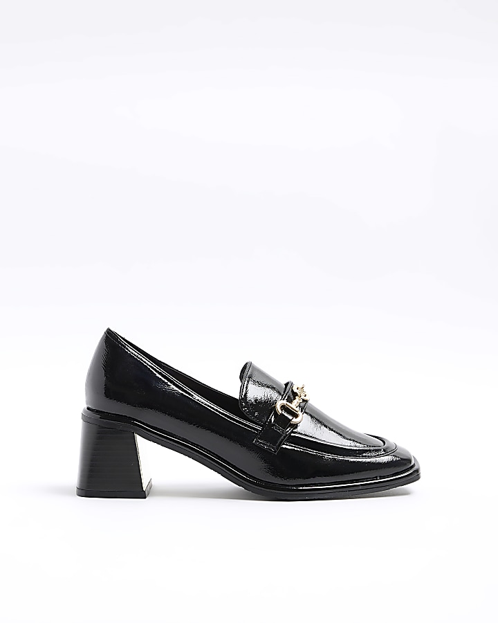 Black patent heeled loafers | River Island