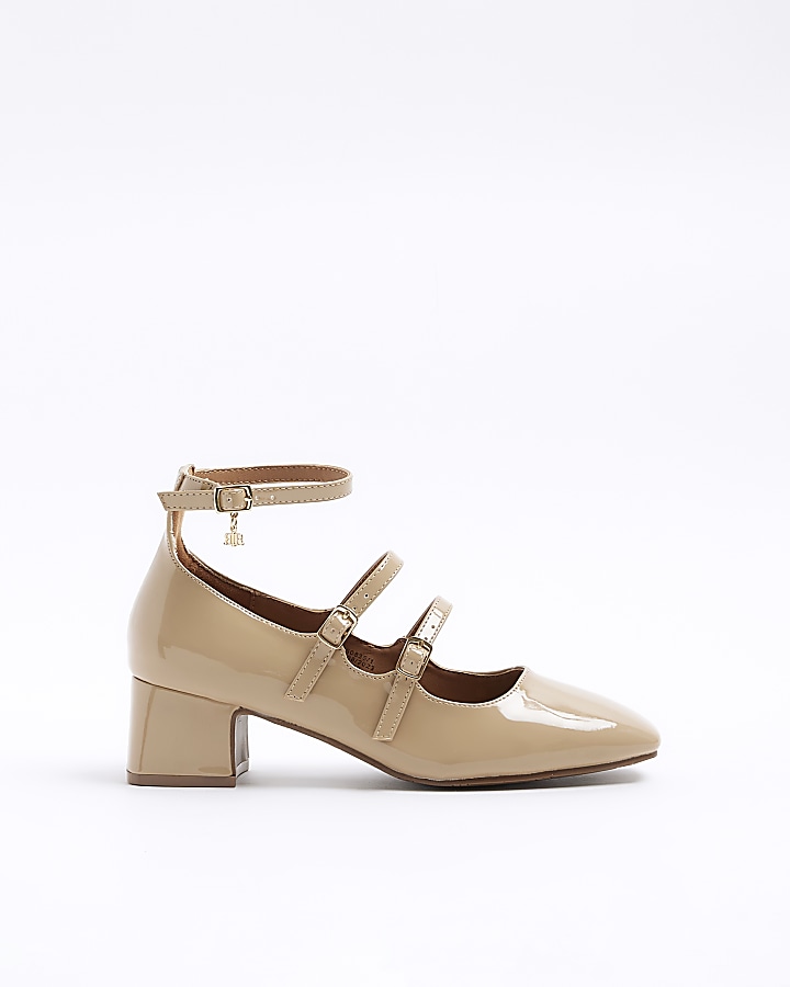 Beige strappy block heeled court shoes