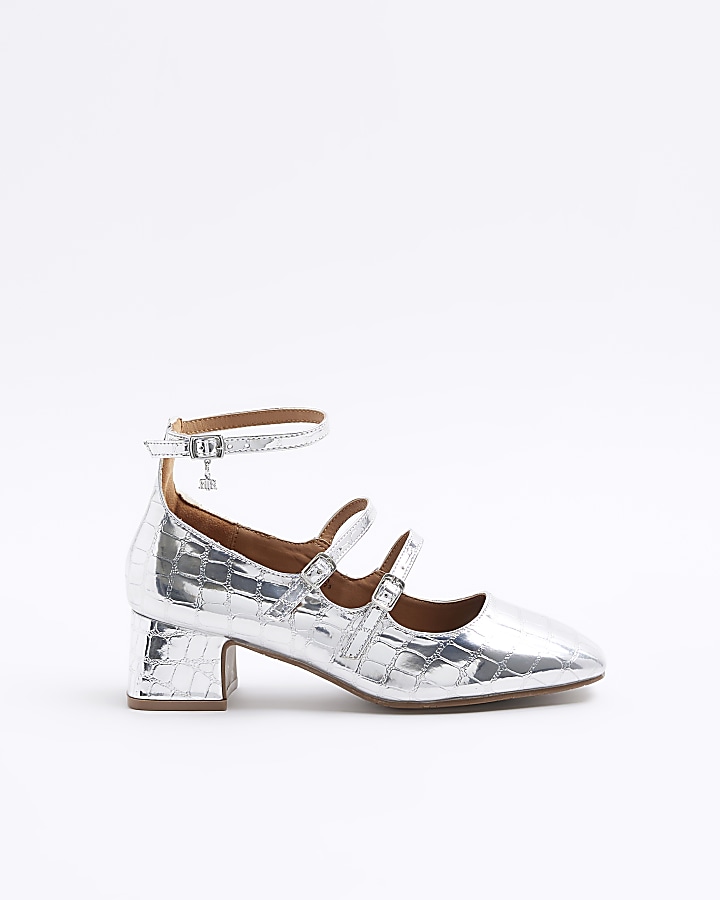 Silver strappy block heeled court shoes River Island