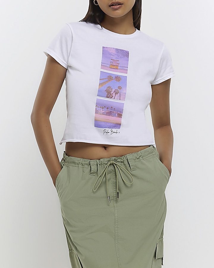 White graphic print crop t-shirt