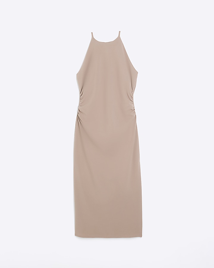 Taupe ruched bodycon midi dress