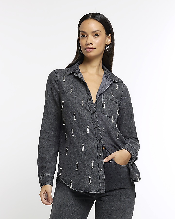 Grey denim embellished shirt | River Island