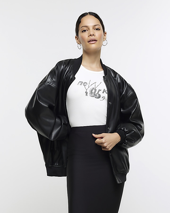 Black faux leather bomber jacket | River Island