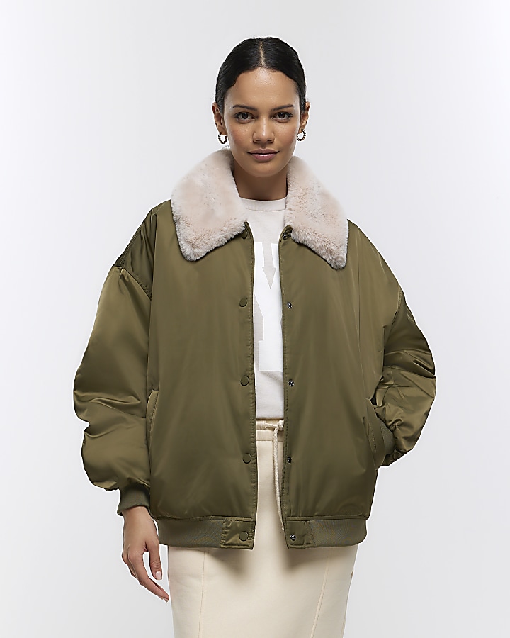 River Island Parka Jacket With Faux Fur Lining In Khaki in Green