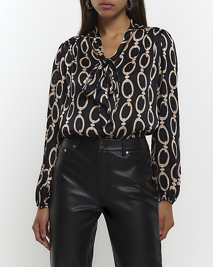 Black chain print long sleeve blouse