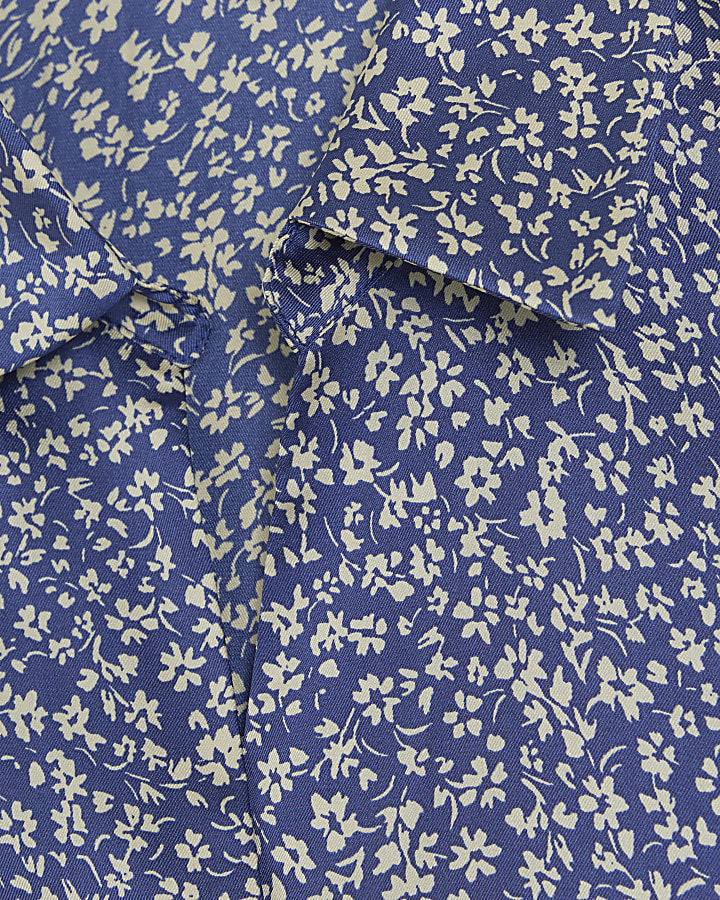 Blue floral satin long sleeve shirt