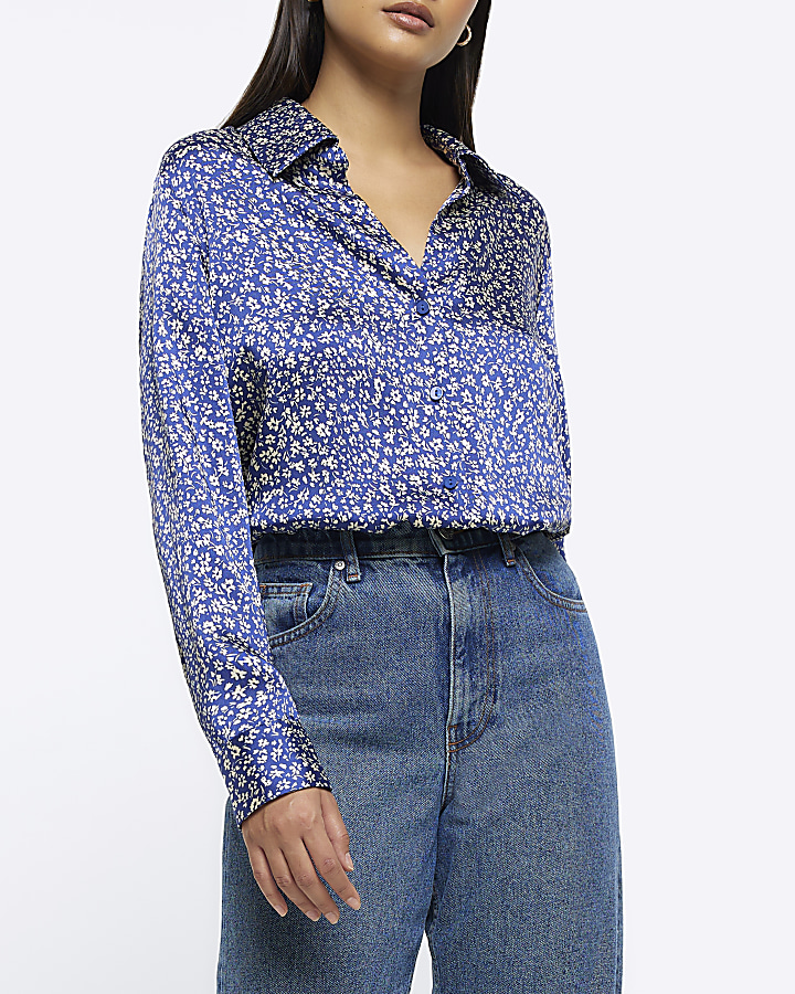 Blue floral satin long sleeve shirt