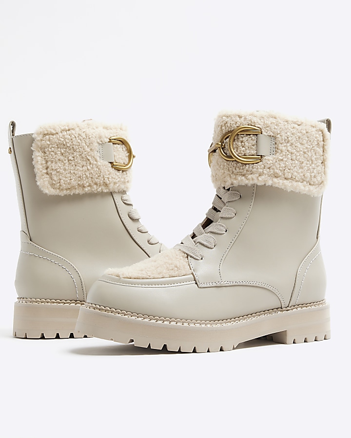 Cream borg detail lace up boots