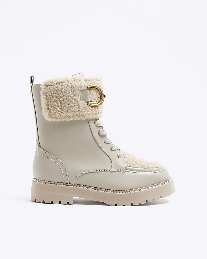 Cream borg detail lace up boots