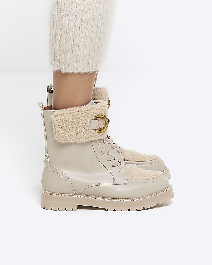Cream borg detail lace up boots | River Island